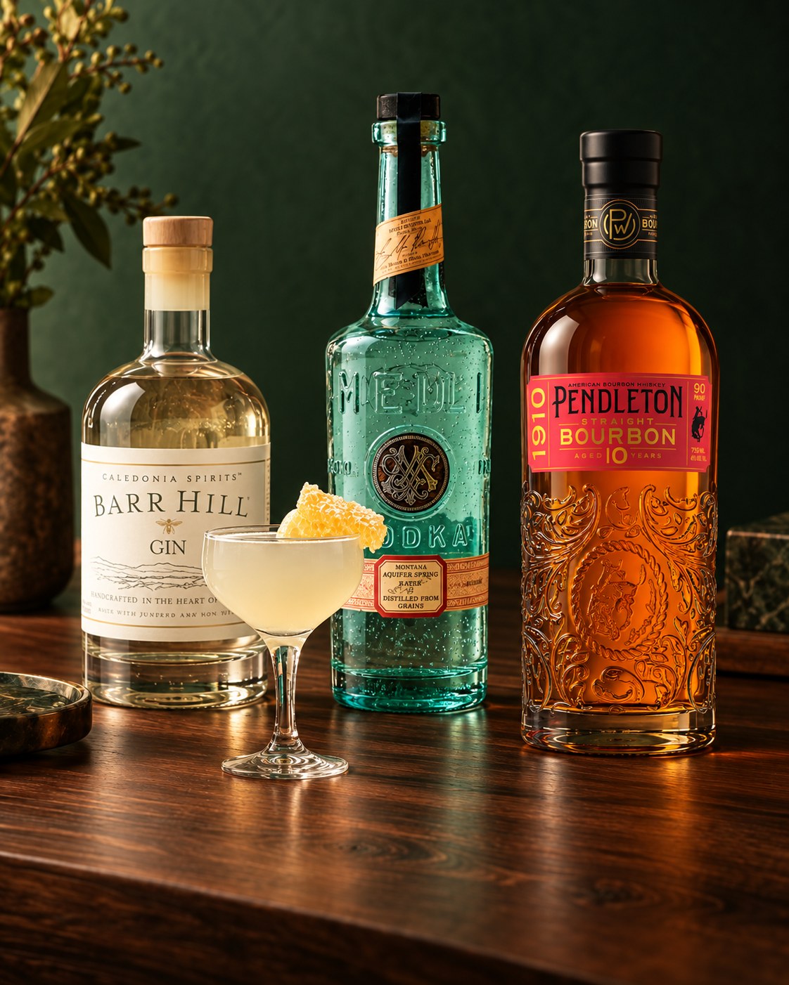 Barr Hill gin, turquoise vodka and Pendleton bourbon with a cocktail on a walnut table